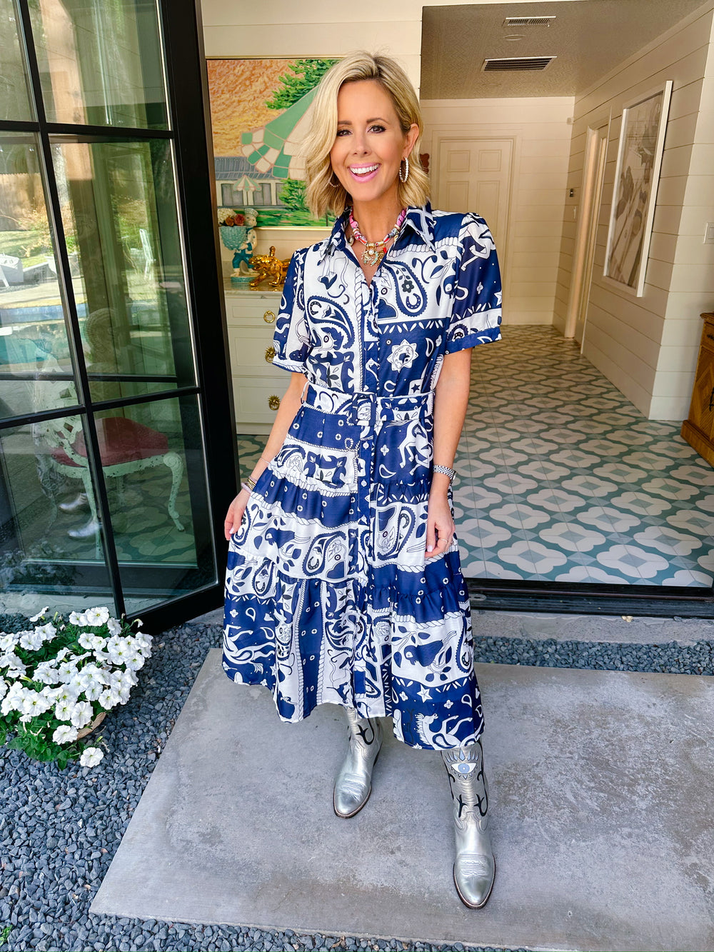 STAMPEDE AT MIDNIGHT BANDANA MIDI DRESS - NAVY