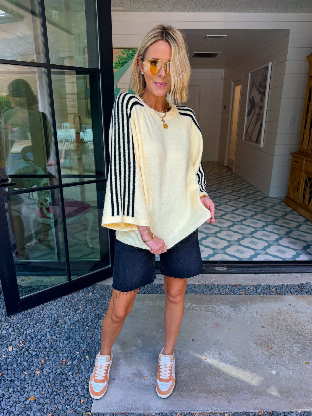 TAKE IT IN CONTRAST STRIPE SWEATER - BUTTER