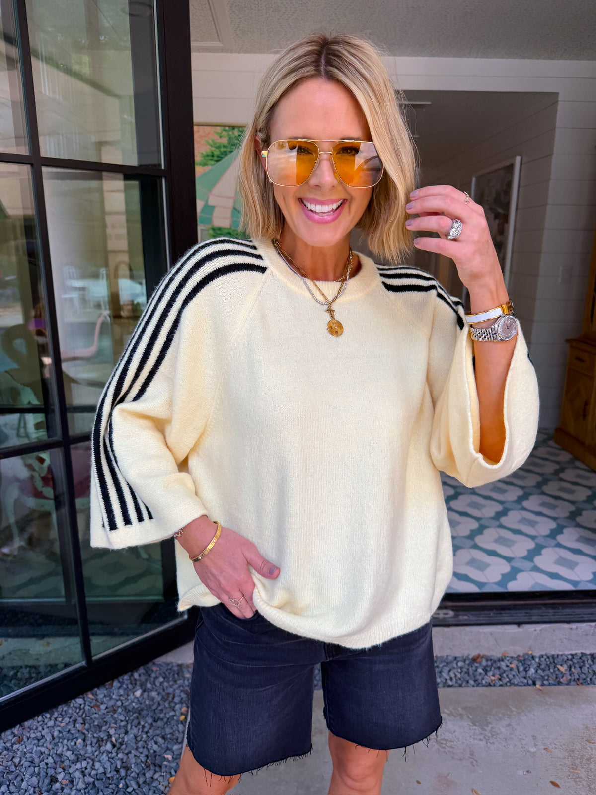 TAKE IT IN CONTRAST STRIPE SWEATER - BUTTER