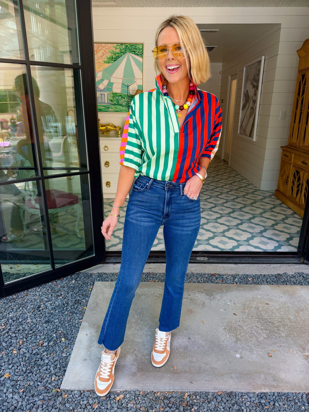 SLOAN STRIPE COLORBLOCK TOP - GREEN/RED/PINK