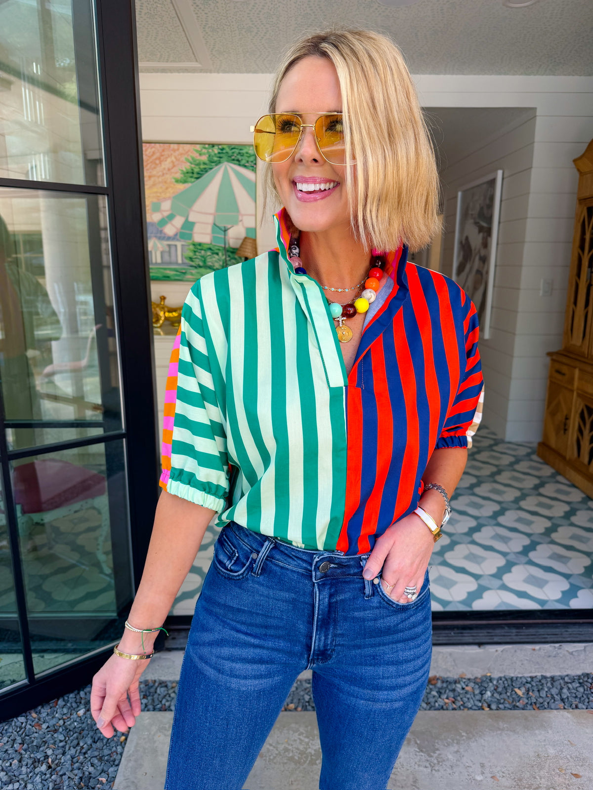 SLOAN STRIPE COLORBLOCK TOP - GREEN/RED/PINK