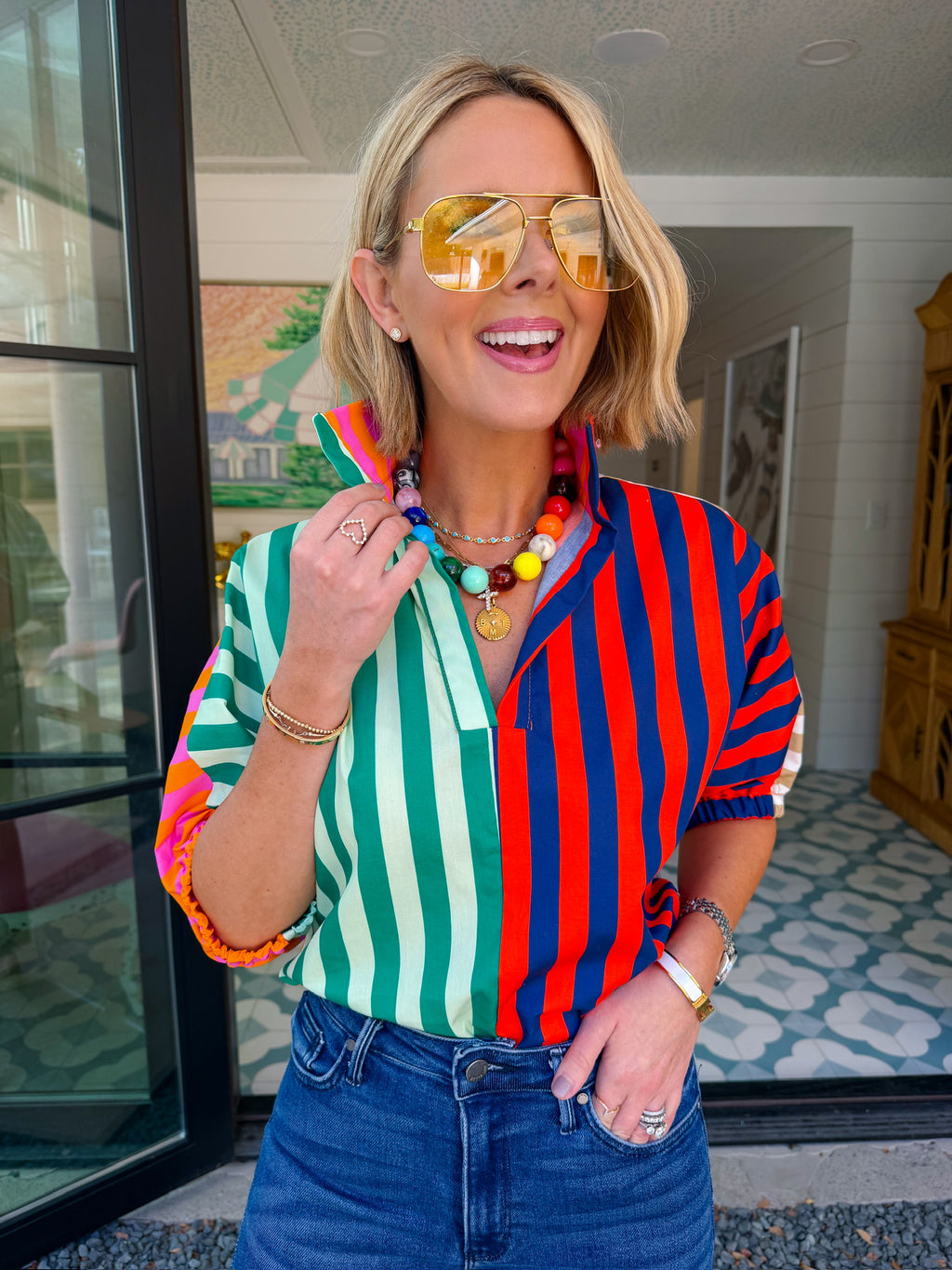 SLOAN STRIPE COLORBLOCK TOP - GREEN/RED/PINK