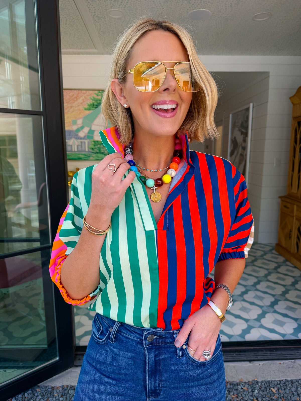 SLOAN STRIPE COLORBLOCK TOP - GREEN/RED/PINK