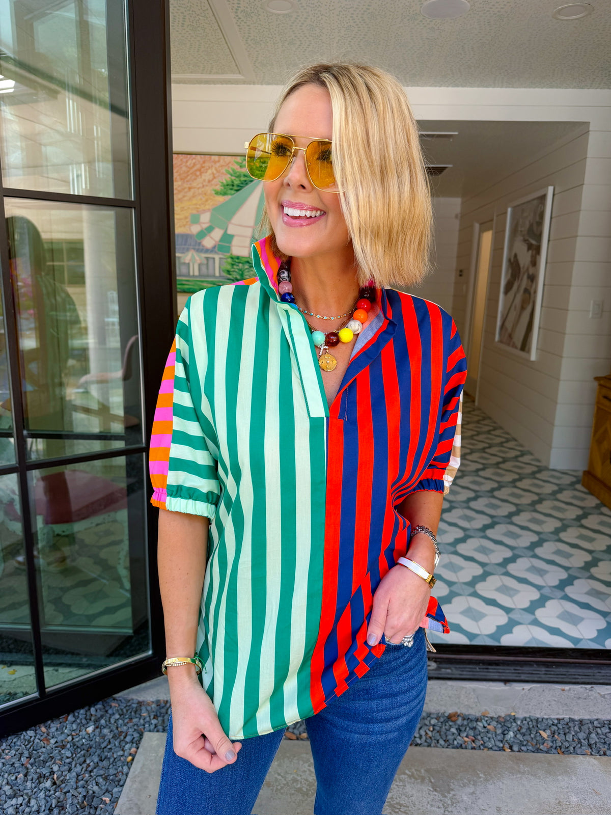 SLOAN STRIPE COLORBLOCK TOP - GREEN/RED/PINK