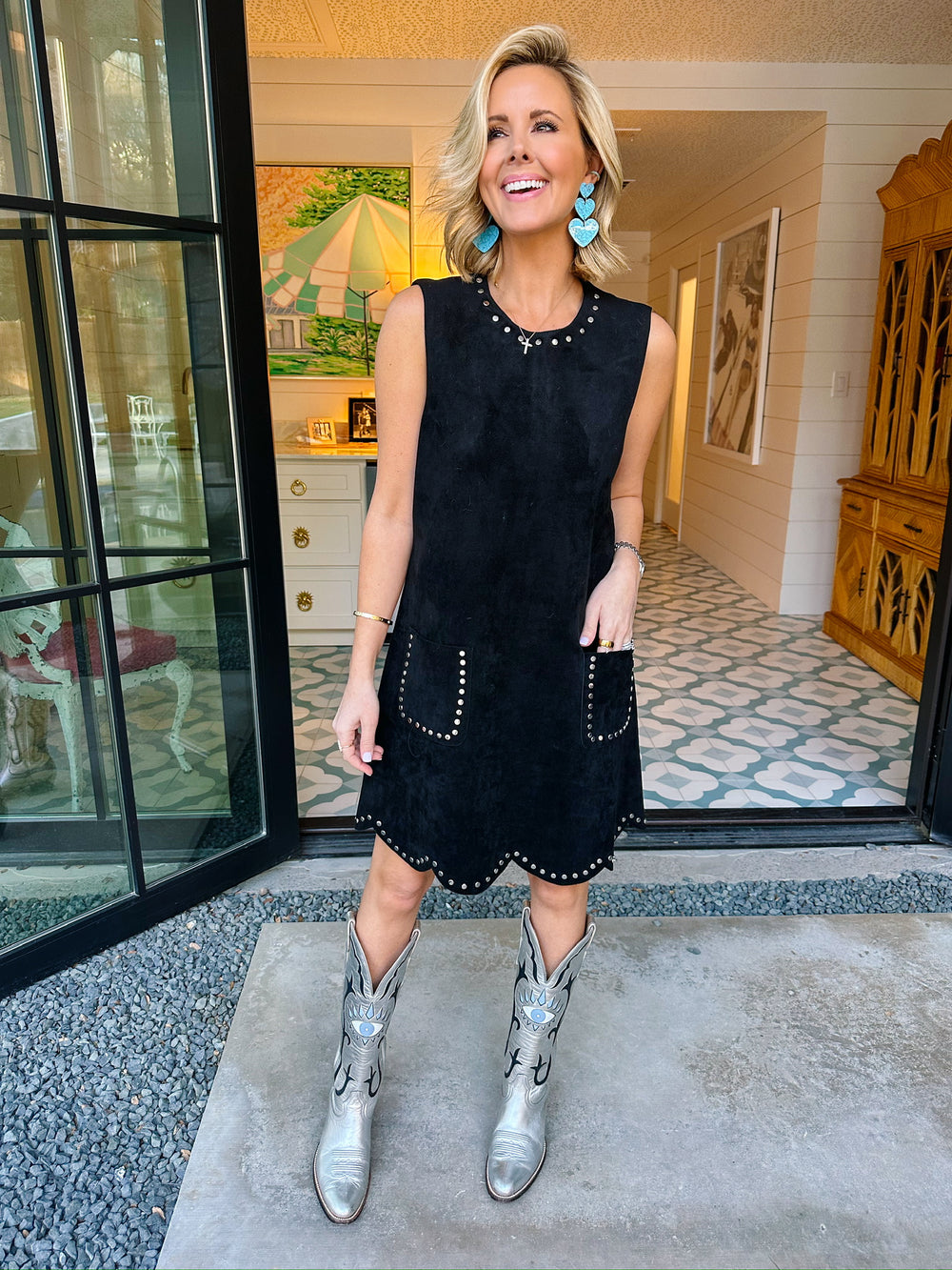 SWEET EDGE SUEDE STUD TRIM DRESS - BLACK