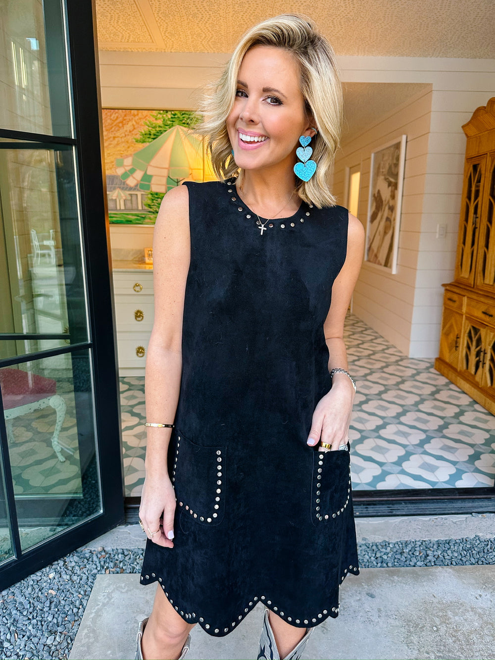 SWEET EDGE SUEDE STUD TRIM DRESS - BLACK