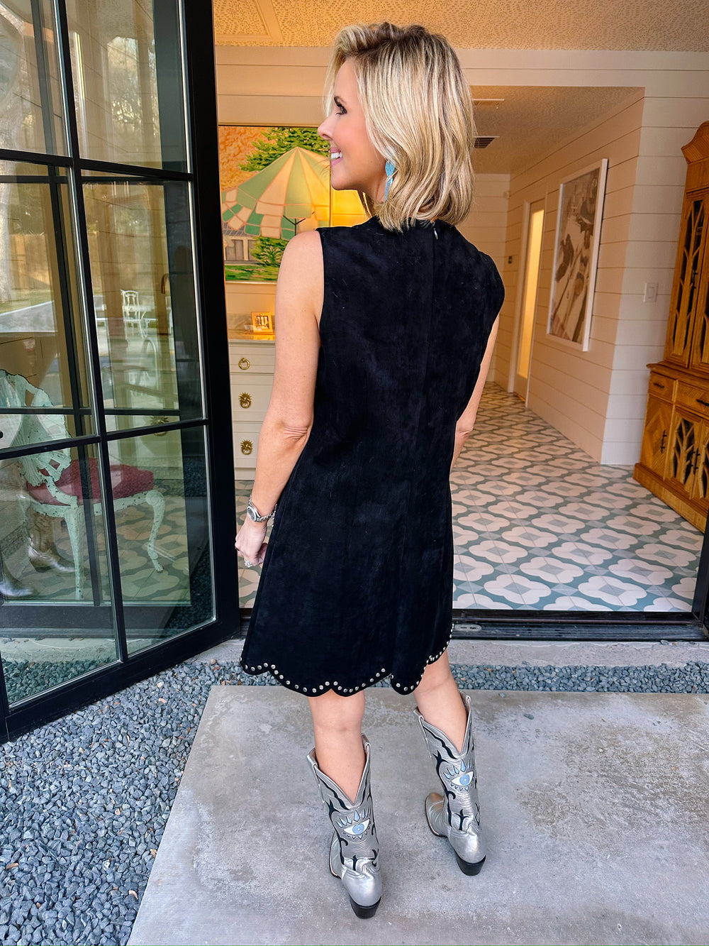 SWEET EDGE SUEDE STUD TRIM DRESS - BLACK