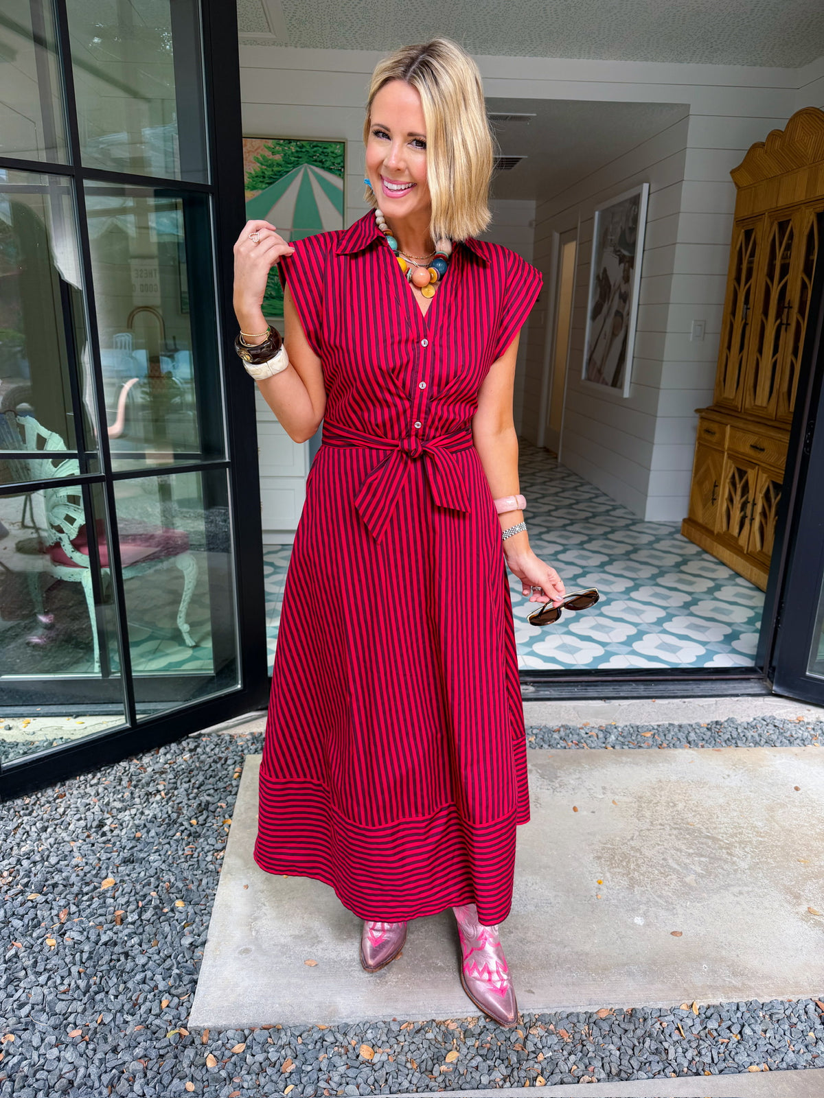 PAVE YOUR OWN PATH STRIPE TIE MIDI DRESS - RED