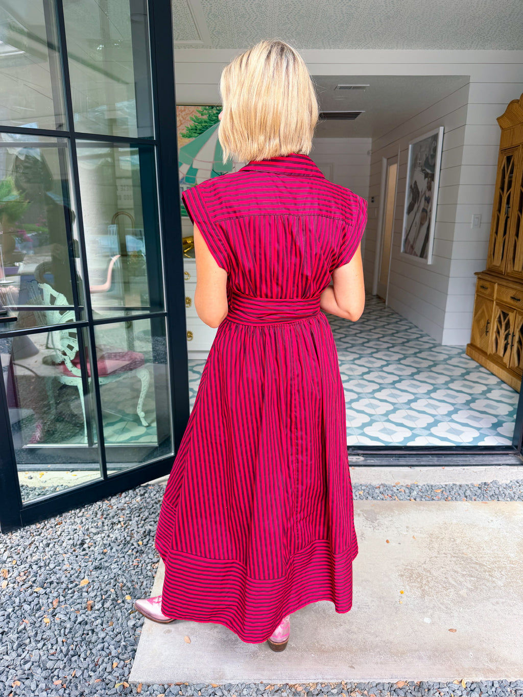 PAVE YOUR OWN PATH STRIPE TIE MIDI DRESS - RED