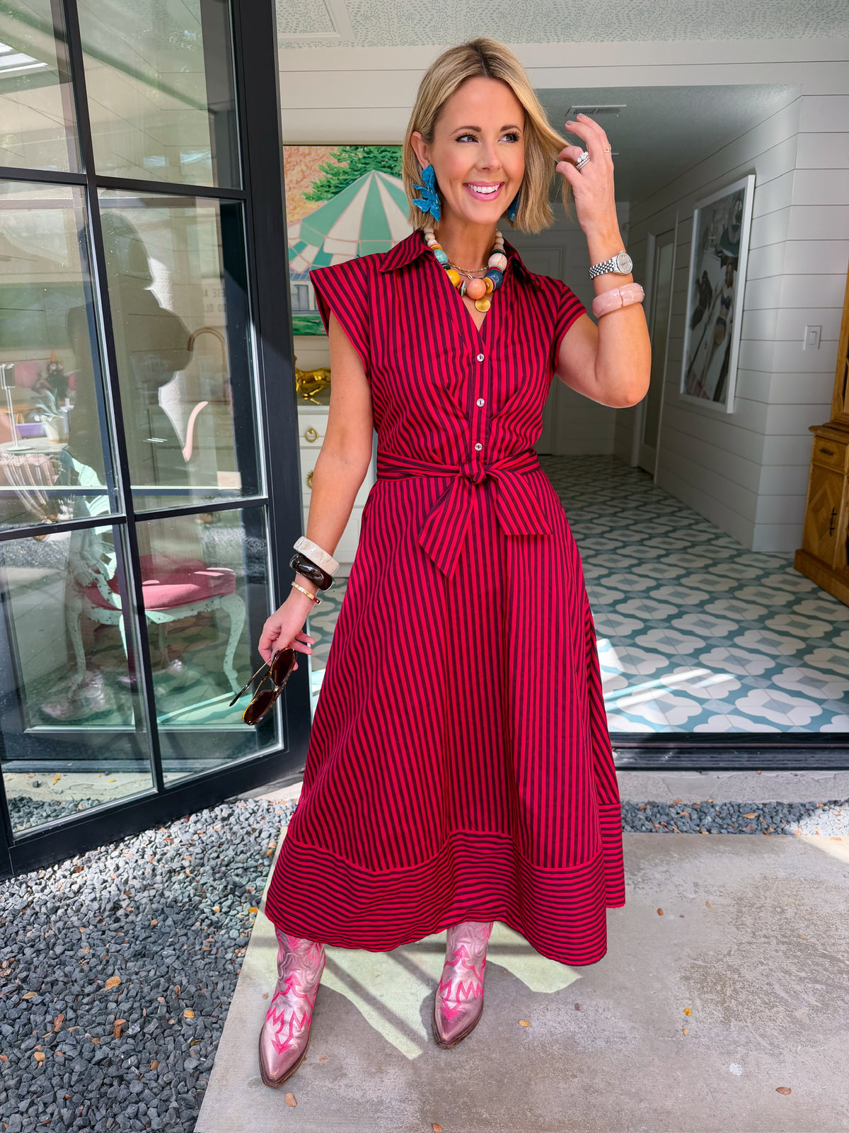 PAVE YOUR OWN PATH STRIPE TIE MIDI DRESS - RED