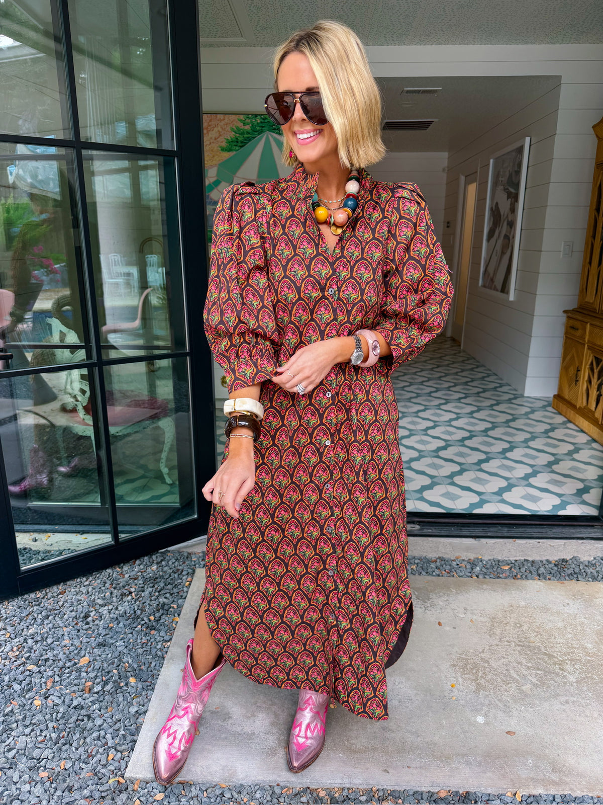BLOOM BEYOND MEASURE FLORAL MIDI DRESS - BROWN