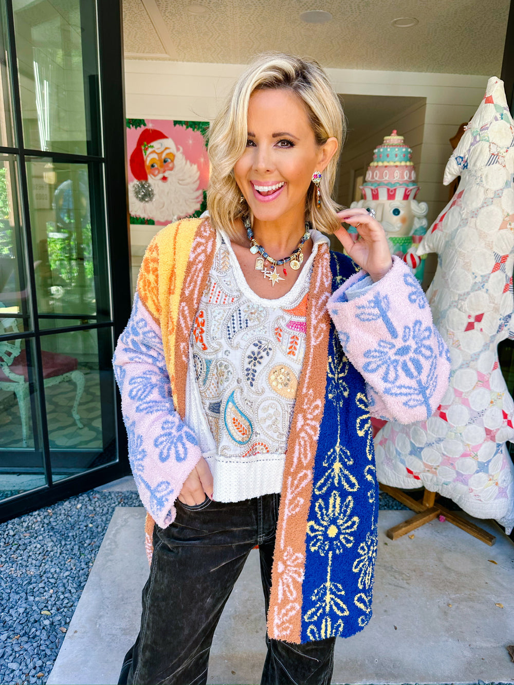 IN A GOOD MOOD FLORAL COLORBLOCK CARDIGAN