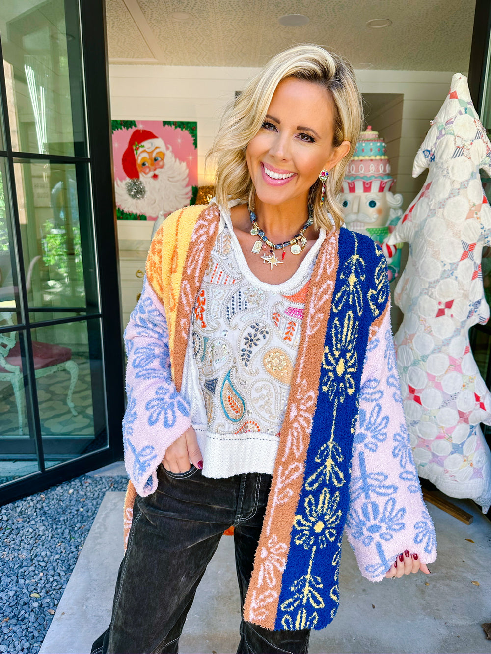 IN A GOOD MOOD FLORAL COLORBLOCK CARDIGAN