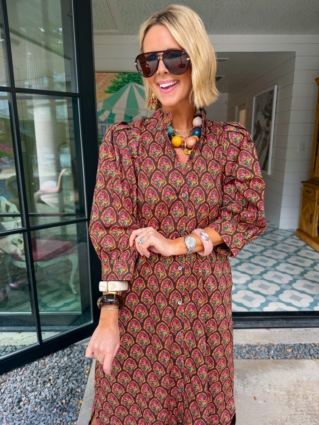 BLOOM BEYOND MEASURE FLORAL MIDI DRESS - BROWN