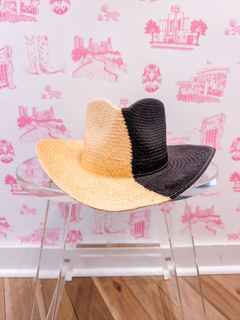 MADDY COLORBLOCK WESTERN STRAW HAT - BLACK/CREAM
