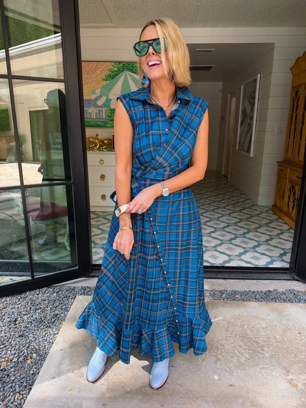 TIME WILL TELL PLAID WRAP MIDI DRESS - BLUE