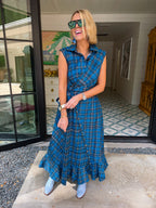 TIME WILL TELL PLAID WRAP MIDI DRESS - BLUE