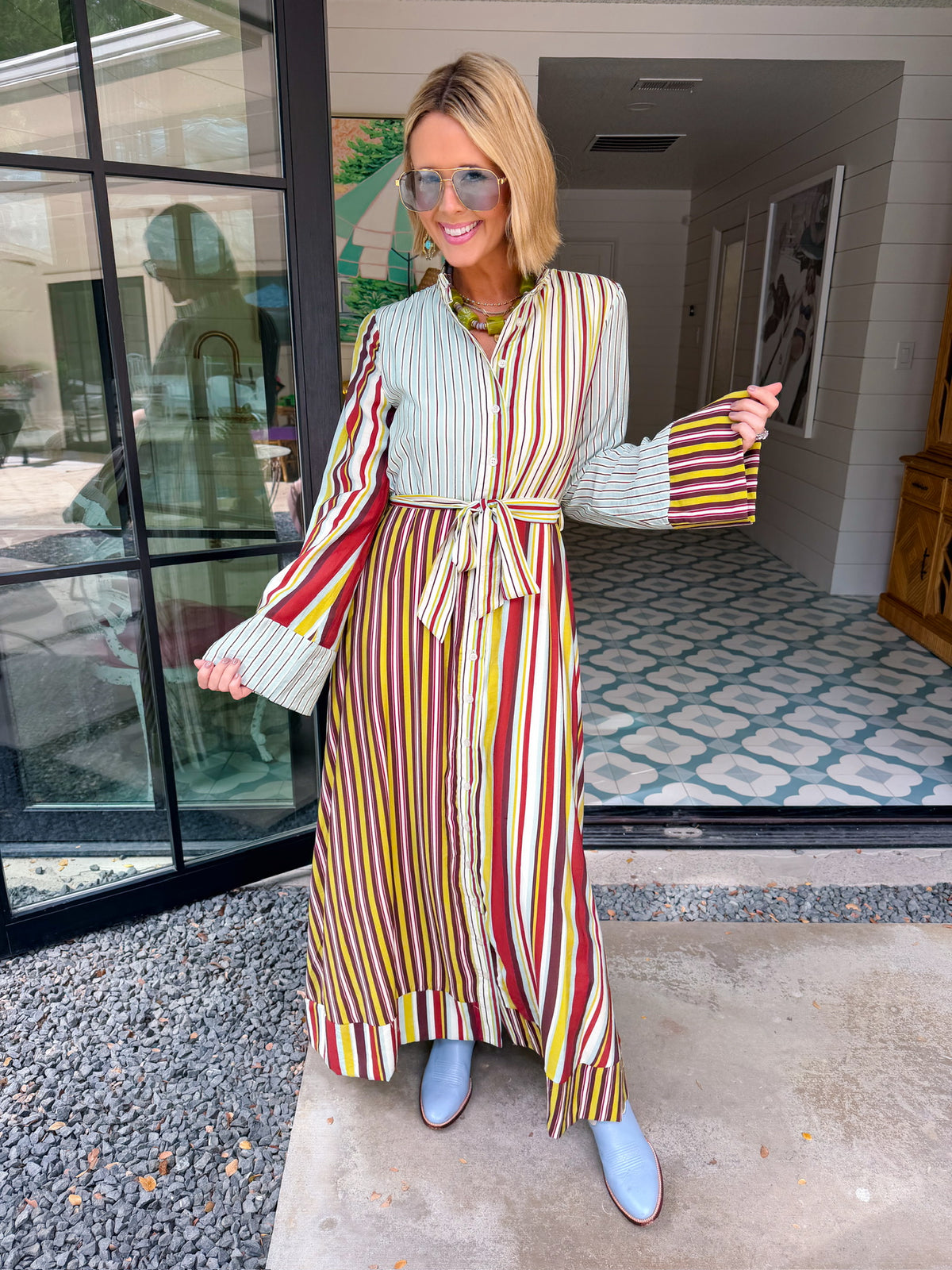 HEADING IN THE RIGHT DIRECTION STRIPE BUTTON UP MIDI DRESS