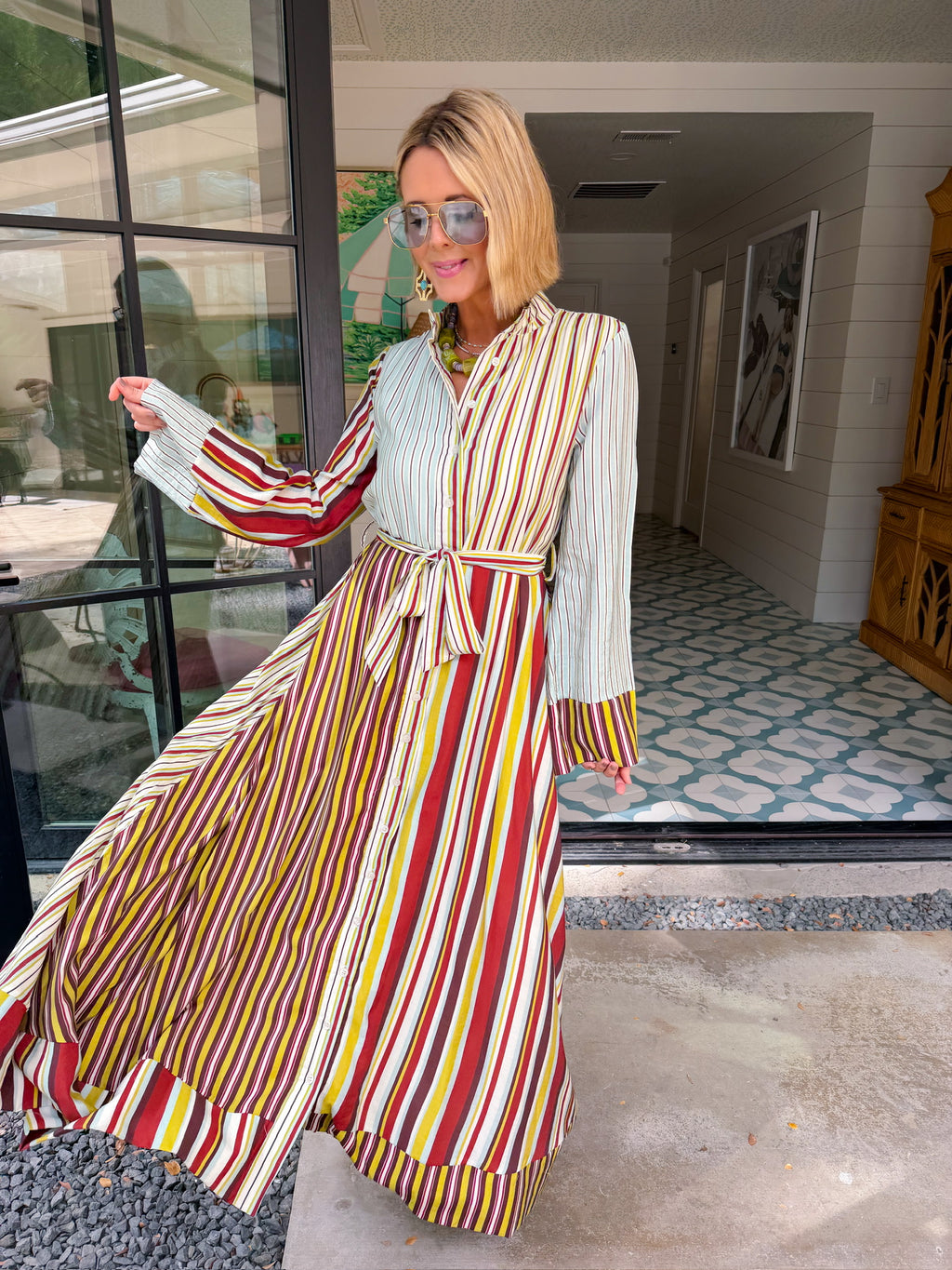 HEADING IN THE RIGHT DIRECTION STRIPE BUTTON UP MIDI DRESS