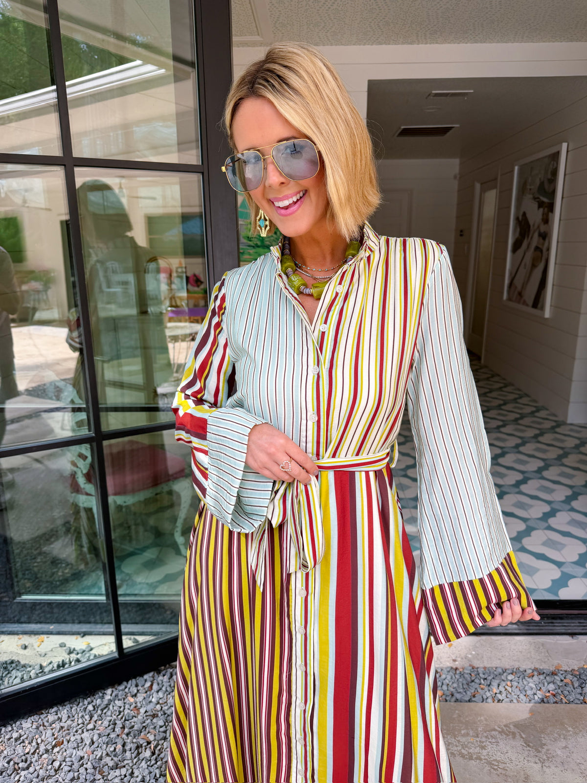 HEADING IN THE RIGHT DIRECTION STRIPE BUTTON UP MIDI DRESS