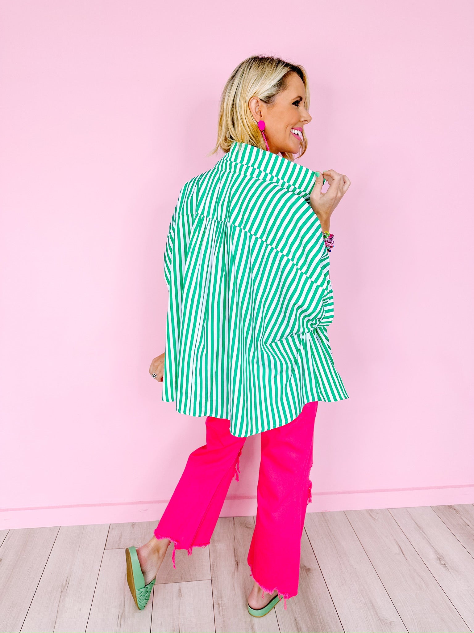 EARN THOSE STRIPES BUTTON UP TOP - GREEN