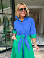 MEET ME HALFWAY COLORBLOCK MIDI DRESS - BLUE/GREEN