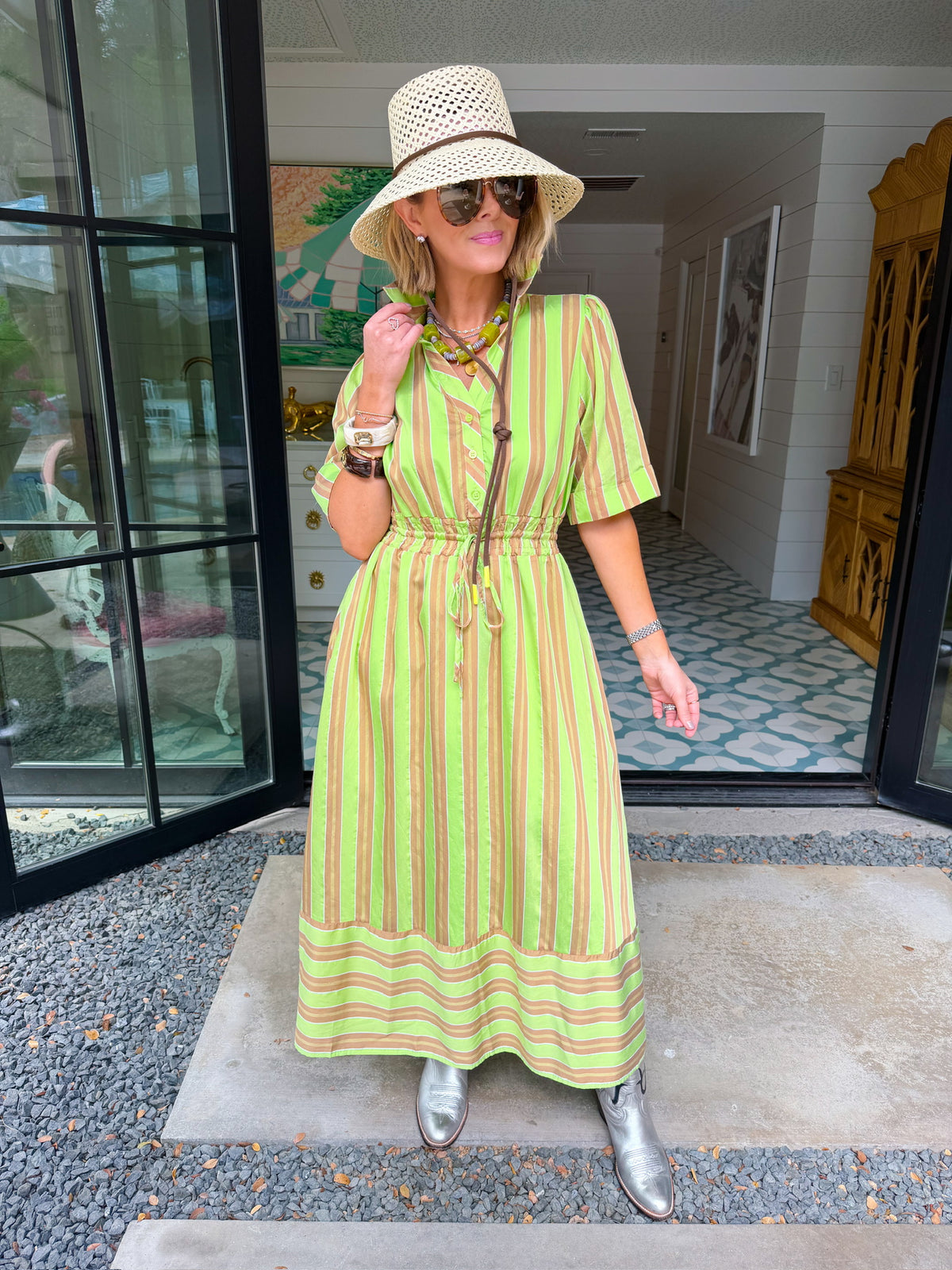 CHART A NEW COURSE STRIPE MIDI DRESS - TAUPE
