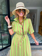 CHART A NEW COURSE STRIPE MIDI DRESS - TAUPE