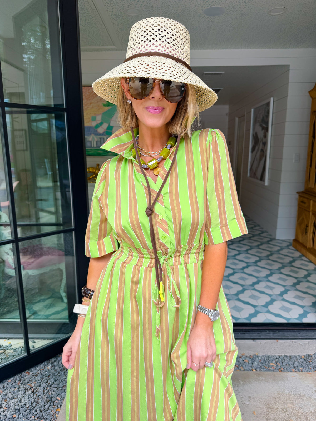CHART A NEW COURSE STRIPE MIDI DRESS - TAUPE