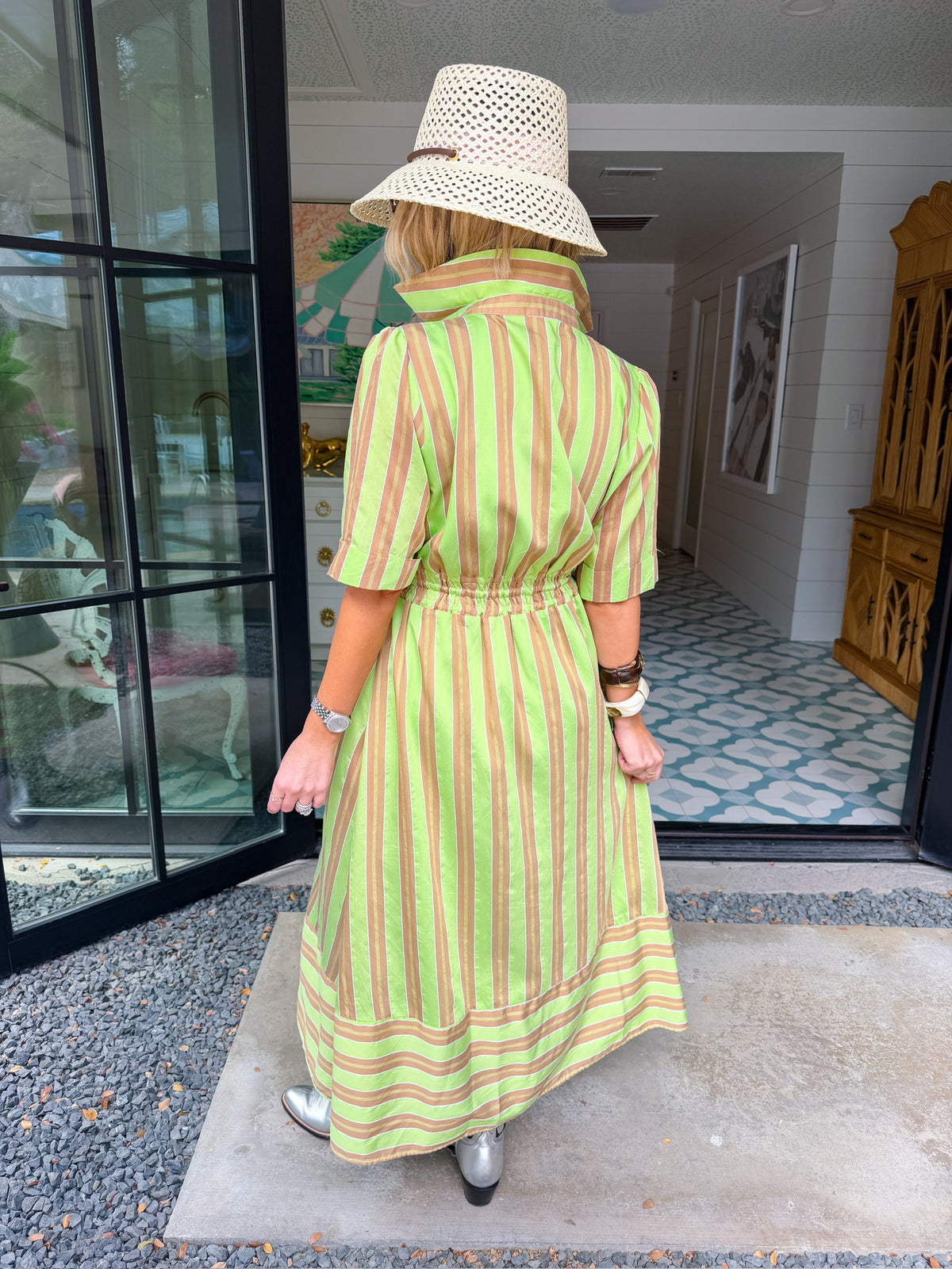 CHART A NEW COURSE STRIPE MIDI DRESS - TAUPE