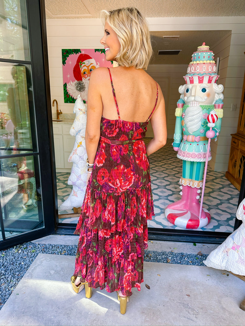 CASCADING ROSES SHIMMERY PLEATED MIDI DRESS - RED