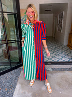 NINA STRIPE COLORBLOCK MIDI DRESS - GREEN/RED/PINK
