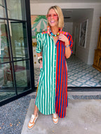 NINA STRIPE COLORBLOCK MIDI DRESS - GREEN/RED/PINK