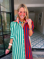 NINA STRIPE COLORBLOCK MIDI DRESS - GREEN/RED/PINK