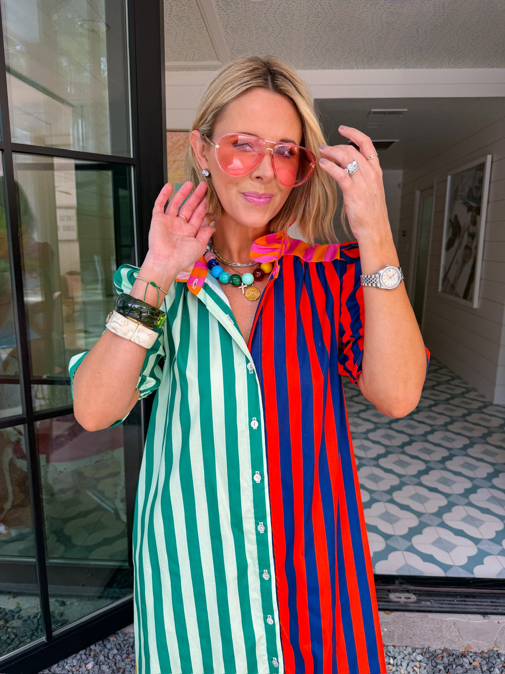 NINA STRIPE COLORBLOCK MIDI DRESS - GREEN/RED/PINK