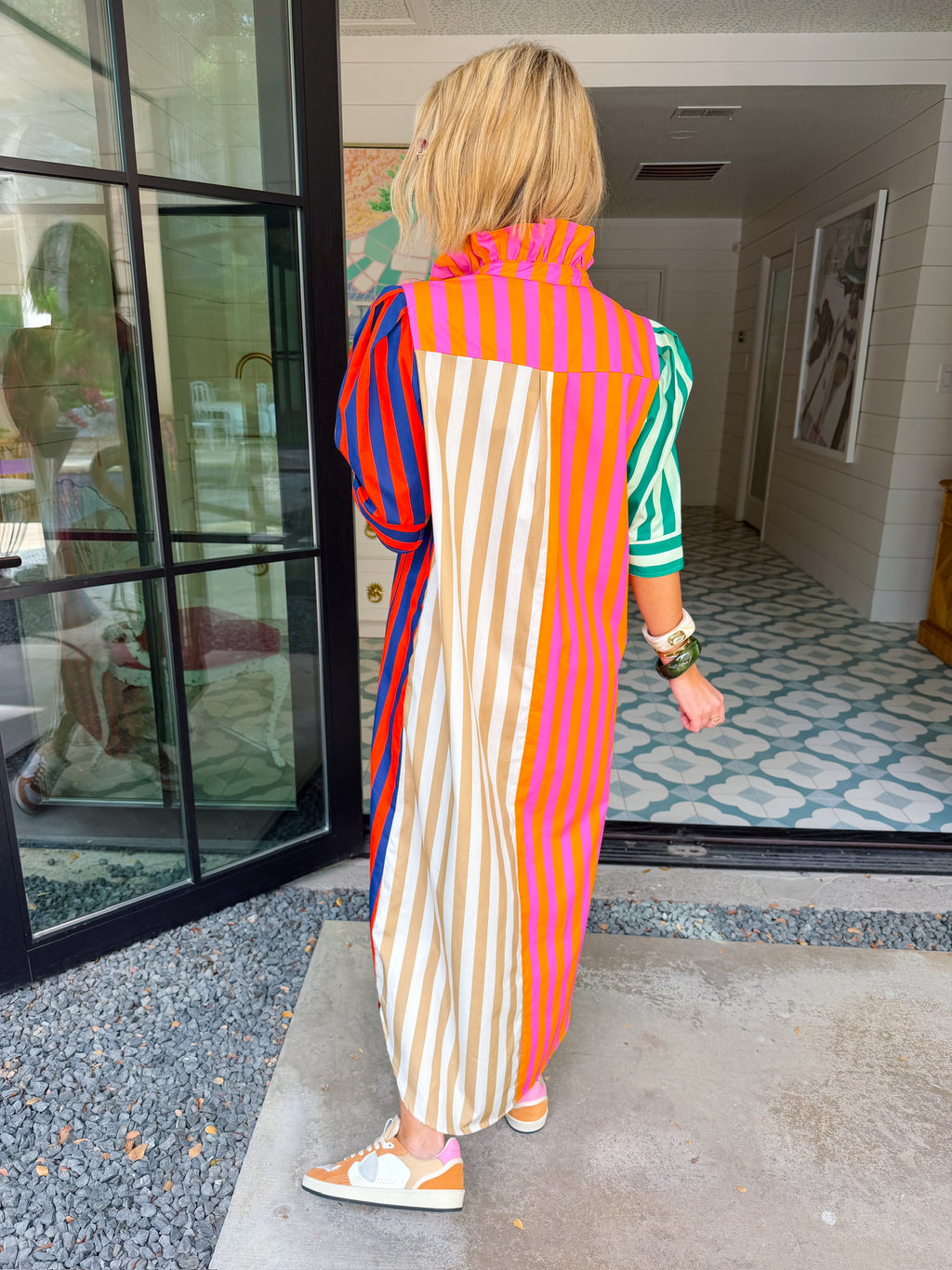 NINA STRIPE COLORBLOCK MIDI DRESS - GREEN/RED/PINK