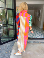 NINA STRIPE COLORBLOCK MIDI DRESS - GREEN/RED/PINK