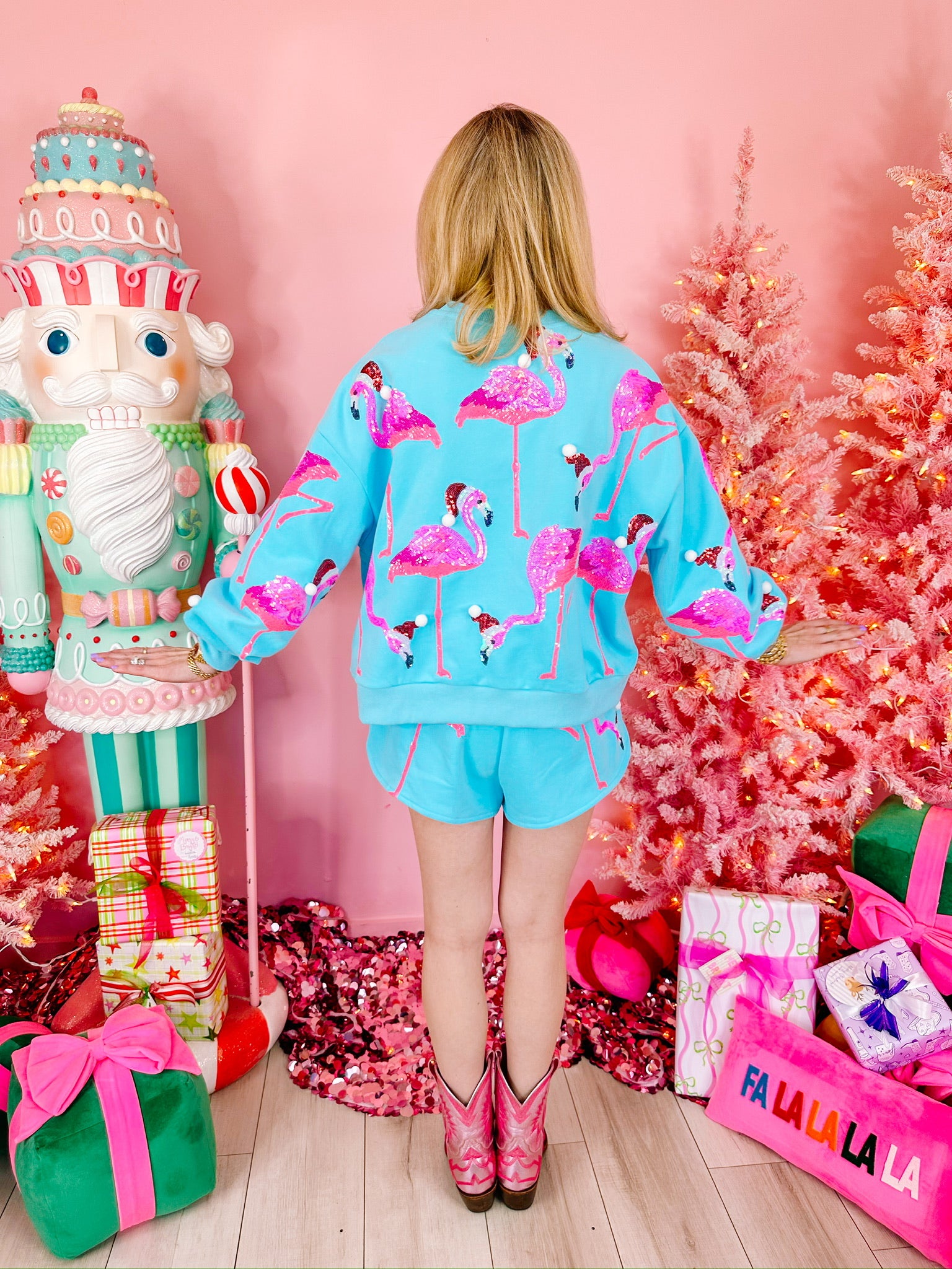 FLAMINGO SANTA HAT SWEATSHIRT - AQUA