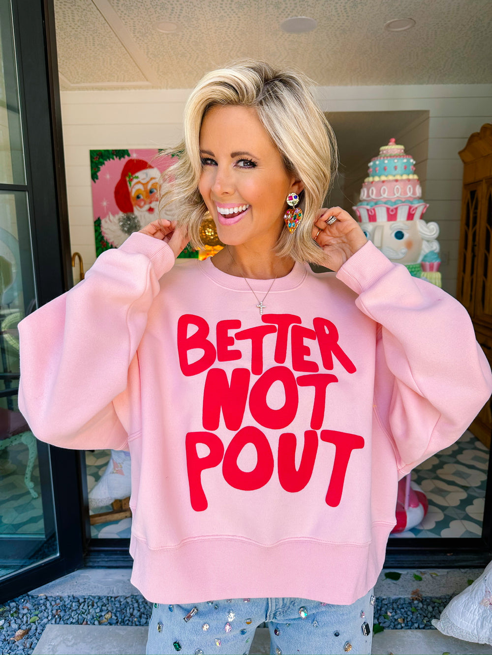 BETTER NOT POUT PUFF CROP SWEATSHIRT - PEACH