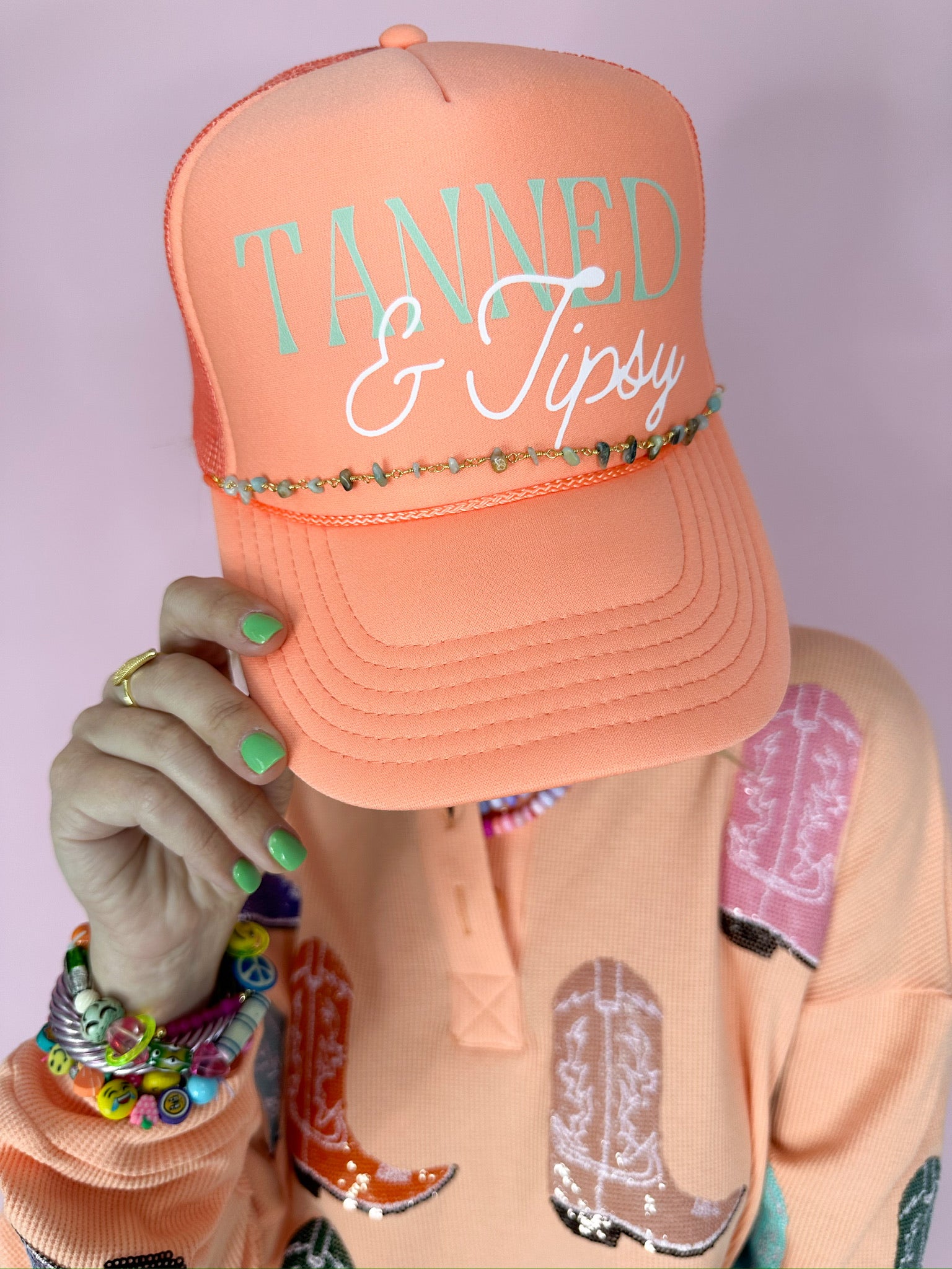 TANNED AND TIPSY CHAIN TRUCKER HAT - PEACH