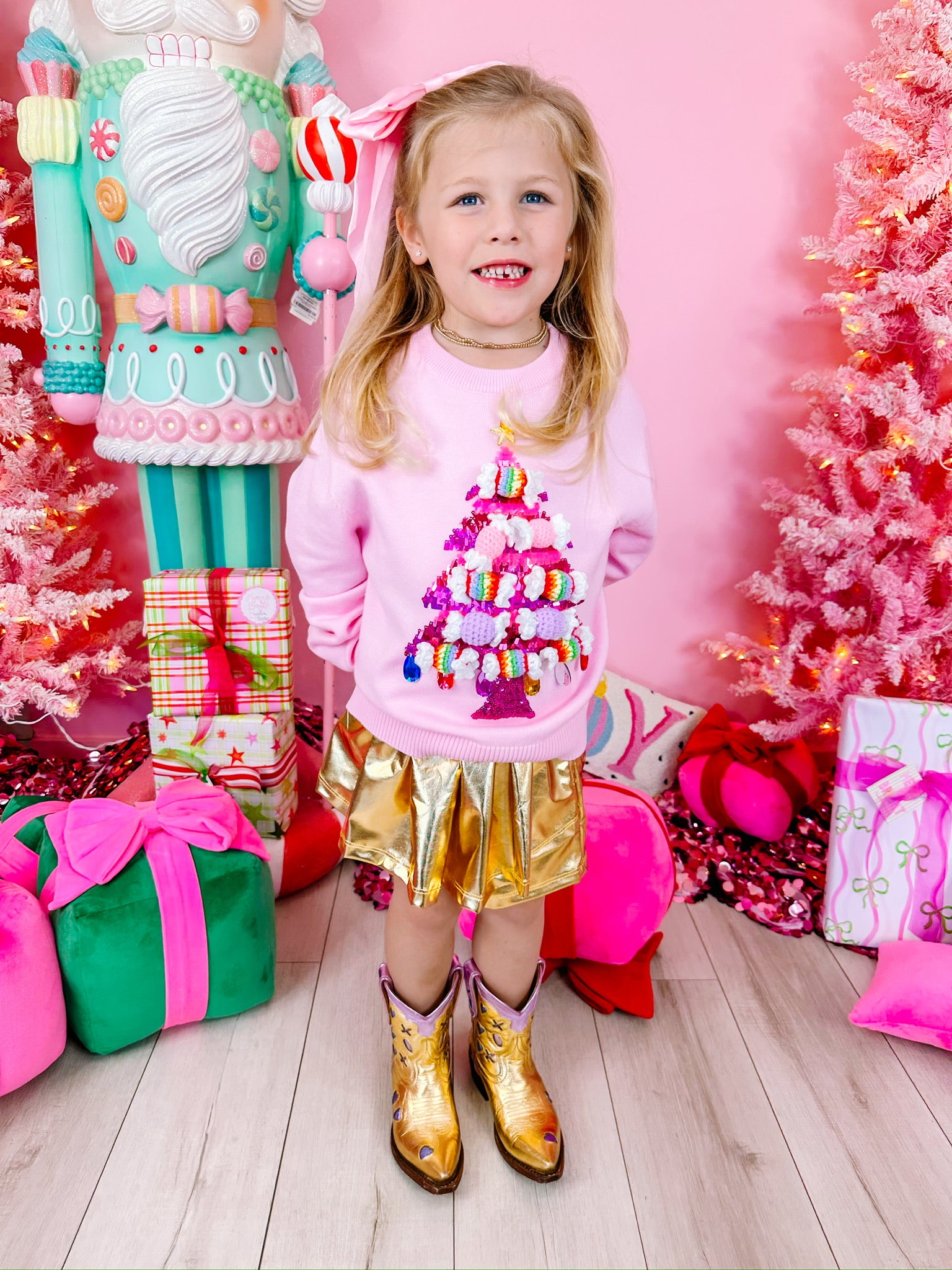 KIDS BON BON CHRISTMAS TREE SWEATER - PINK