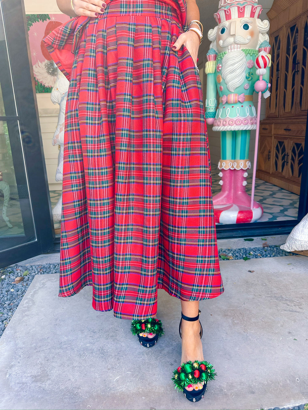 THIS HOLIDAY WITH YOU PLAID MIDI SKIRT - RED