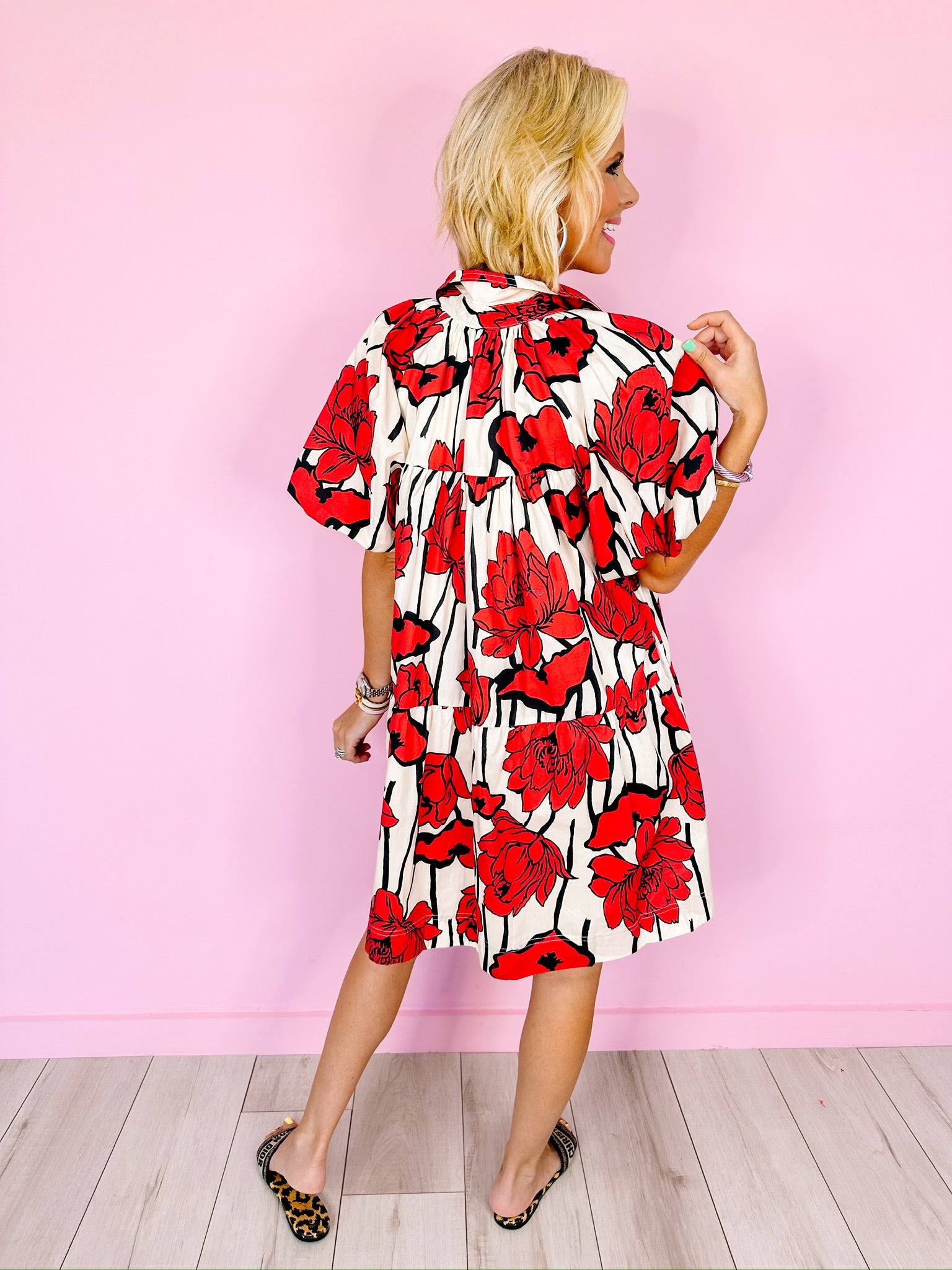 GARDEN OF MAGNOLIA PUFF SLEEVE DRESS - RED