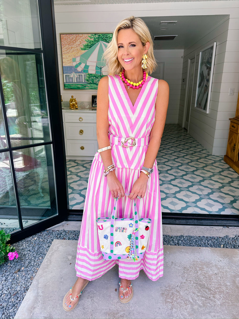 FIND ME ALONG THE WAY STRIPE BELTED MIDI DRESS - PINK