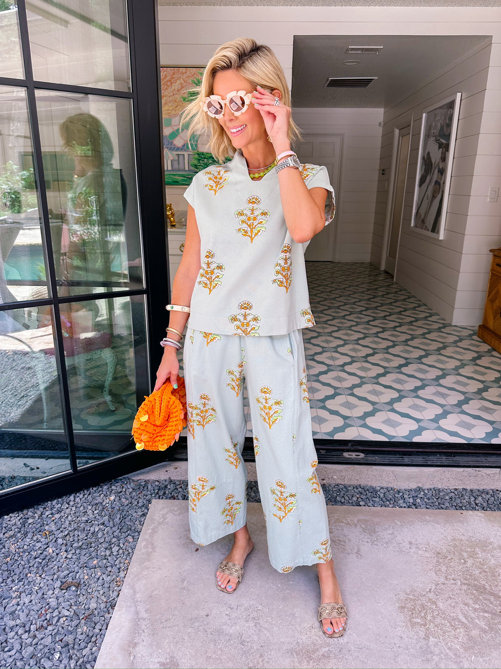 MAKE A WISH DANDELION FLORAL BLOCK PANT SET - BLUE