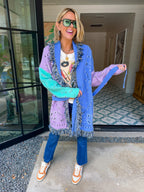 CHASING DAYDREAMS PAISLEY CONTRAST FRINGE TRIM CARDIGAN
