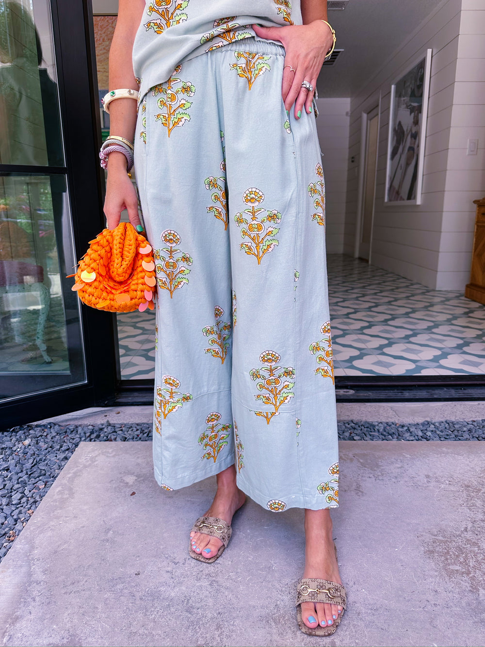 MAKE A WISH DANDELION FLORAL BLOCK PANT SET - BLUE