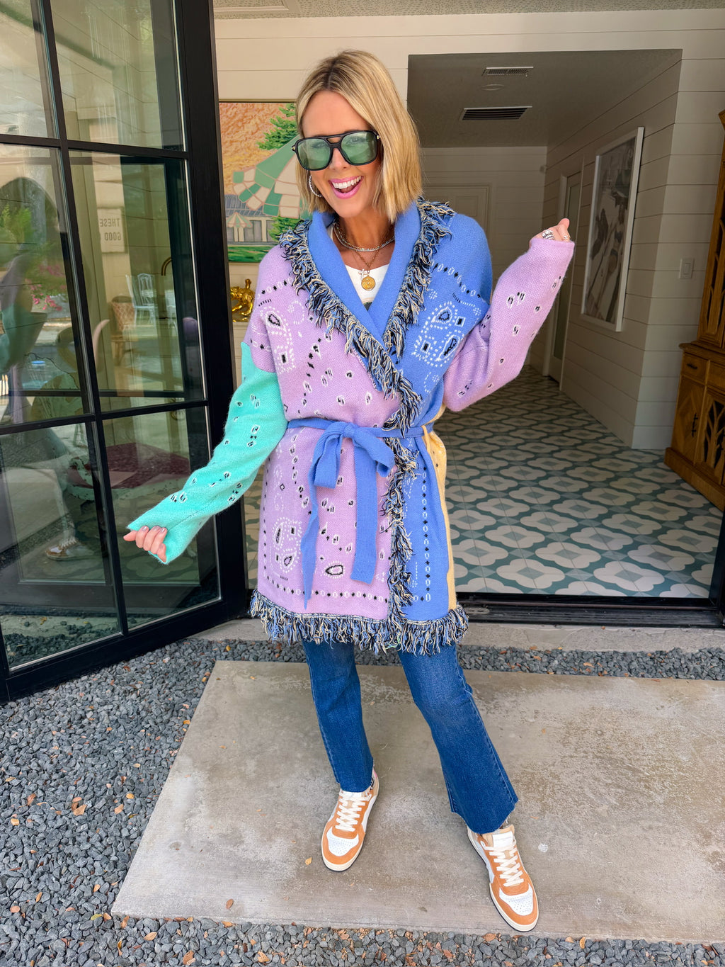 CHASING DAYDREAMS PAISLEY CONTRAST FRINGE TRIM CARDIGAN