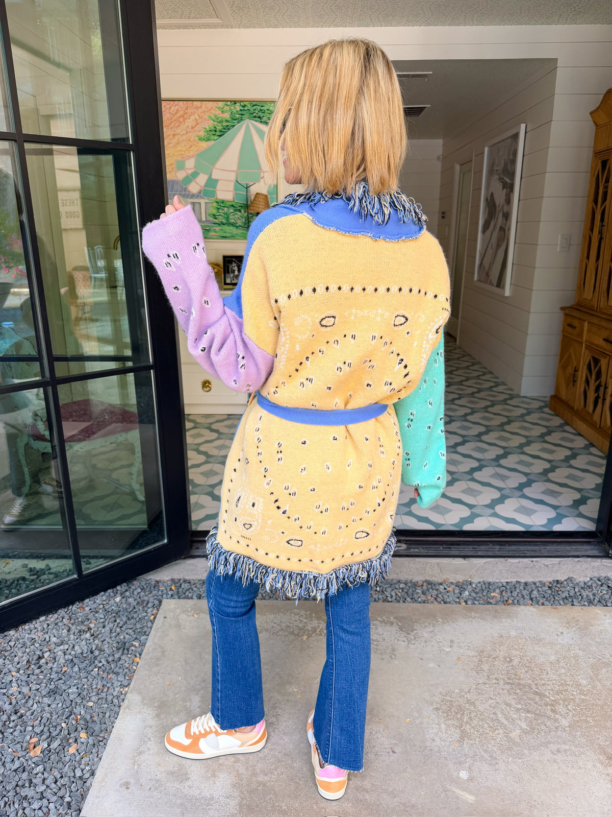 CHASING DAYDREAMS PAISLEY CONTRAST FRINGE TRIM CARDIGAN