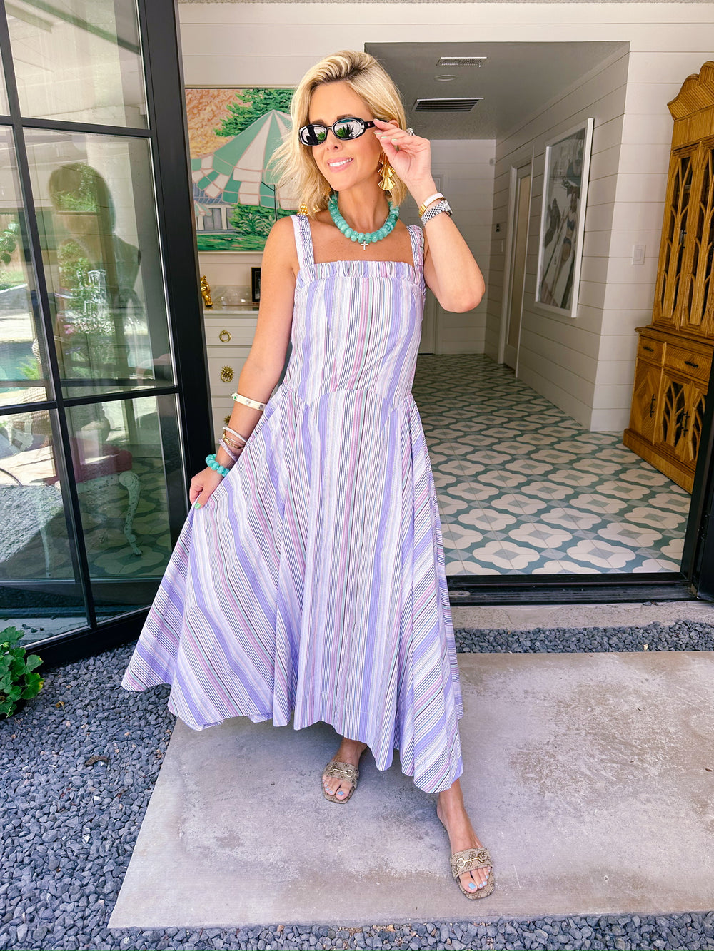SPECTRUM OF STRIPES BASQUE WAIST DRESS